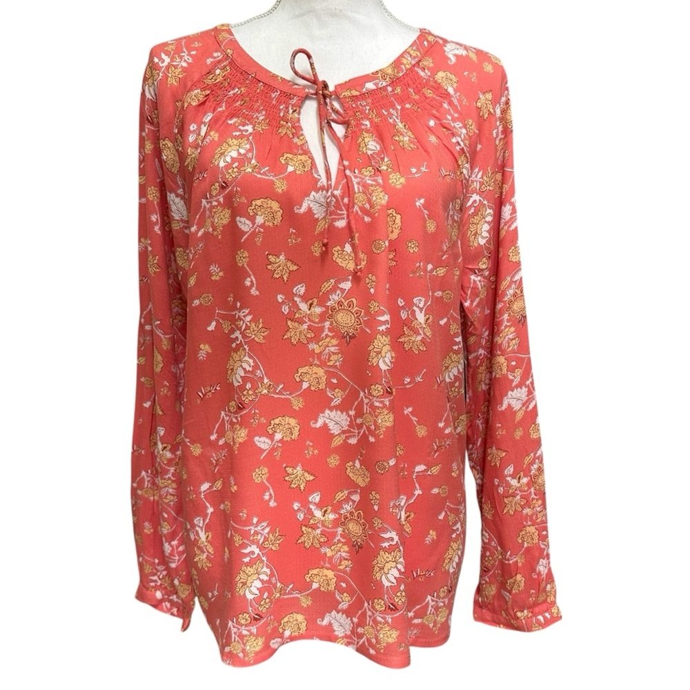 New LUCKY BRAND Floral Boho Top Long Sleeve Women's Large Orange Yellow Size L